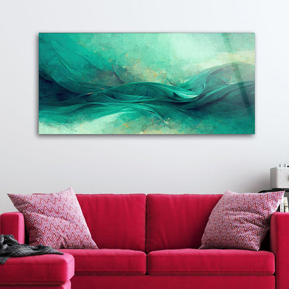 Teal and Green Wave: Tempered Glass Abstract Art