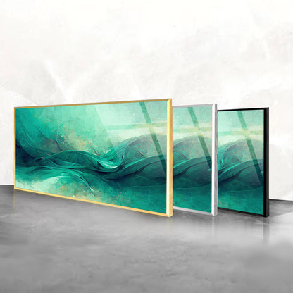 Teal and Green Wave: Tempered Glass Abstract Art