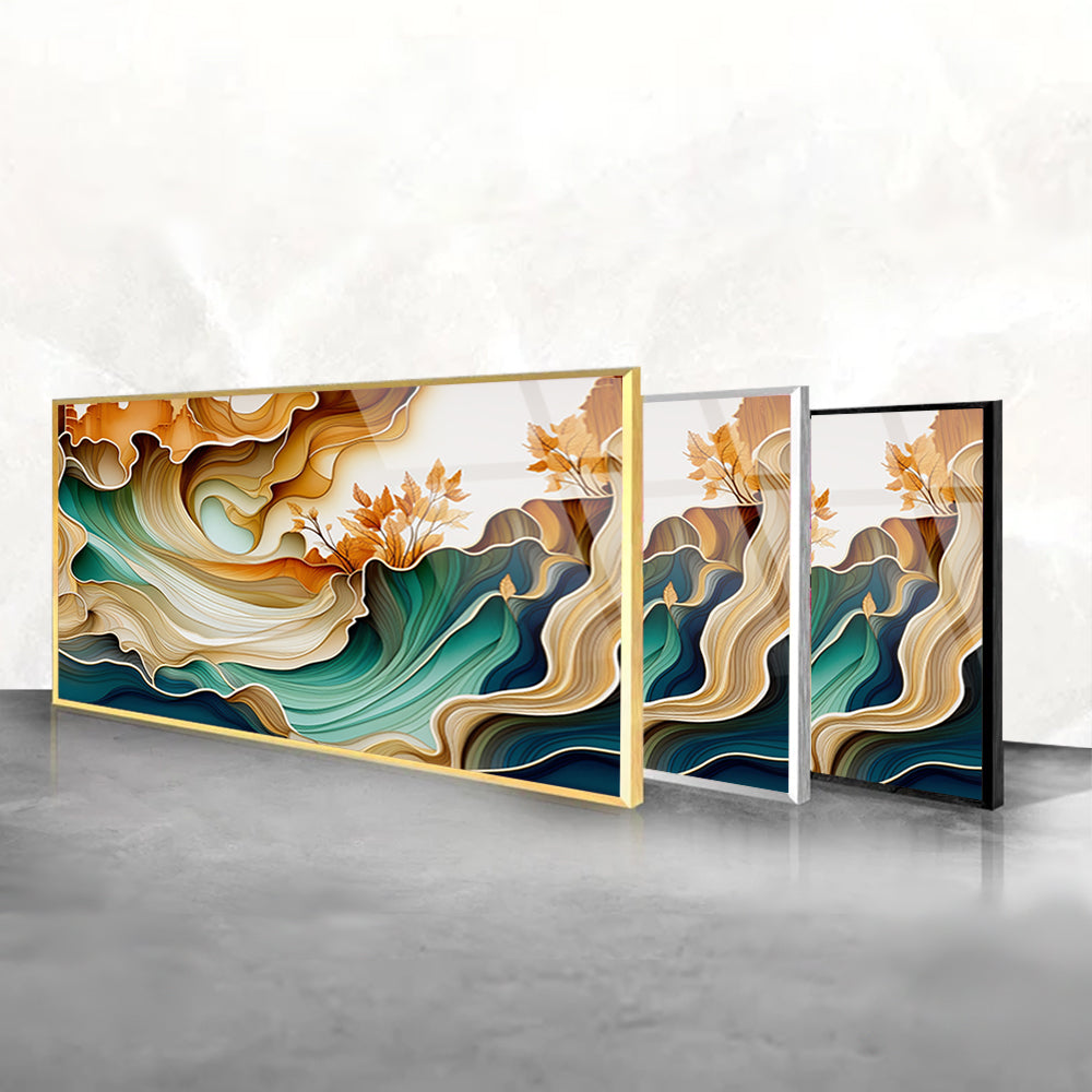 Marbles Wave with Flowers: Tempered Glass Artwork