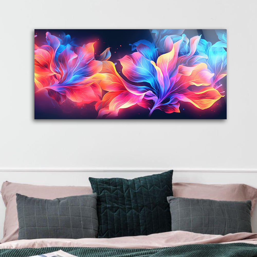 Neon Light Floral Design: Tempered Glass Art