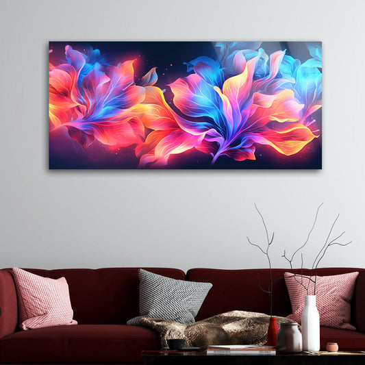 Neon Light Floral Design: Tempered Glass Art