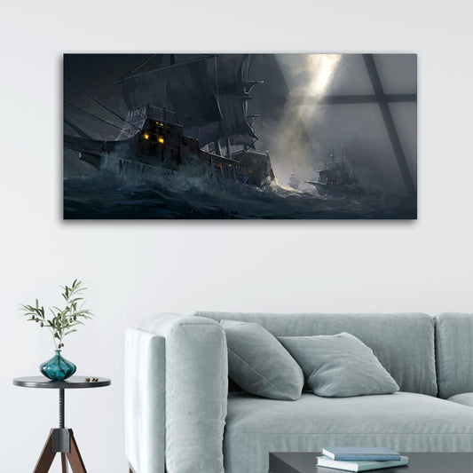 A painting of ancient warships traveling on rough seas artistic art