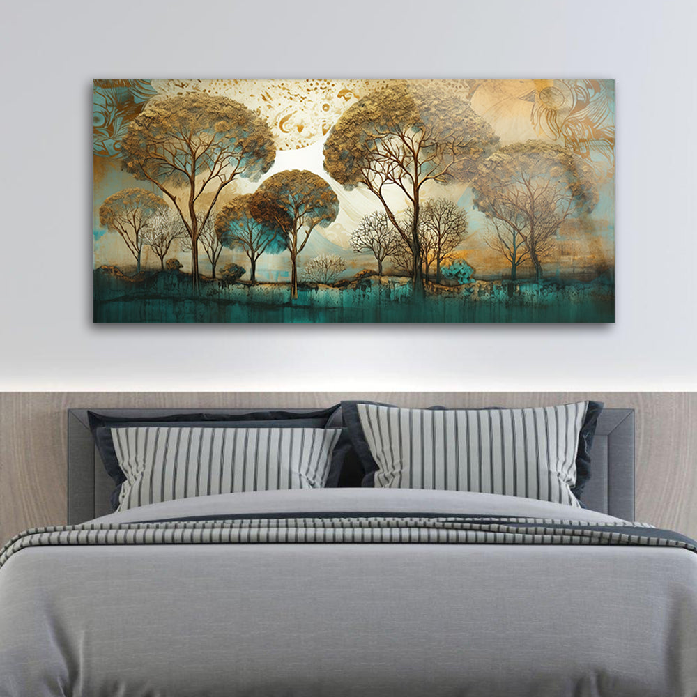A painting of trees with the sun shining artistic art