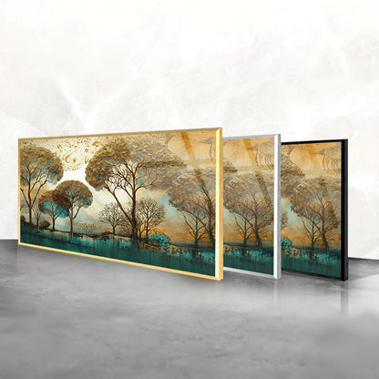 A painting of trees with the sun shining artistic art