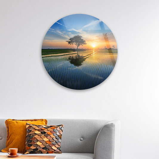 Dawn Over Rice Fields Tempered Glass Art