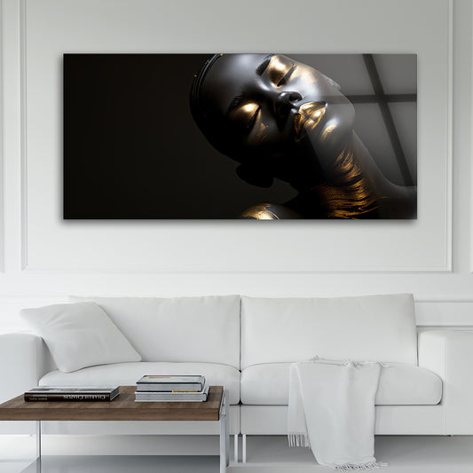Glimmering Black and Gold: Tempered Glass Portrait Art