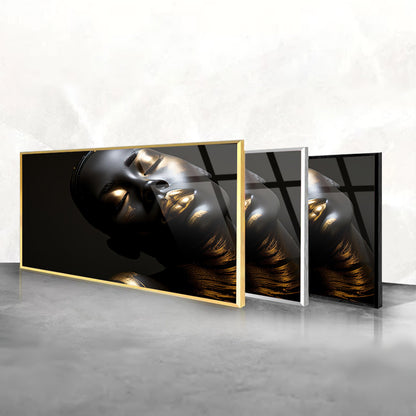 Glimmering Black and Gold: Tempered Glass Portrait Art