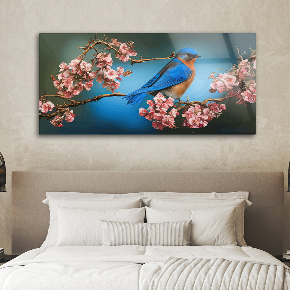 Bird on Branch with Flowers: Tempered Glass Art