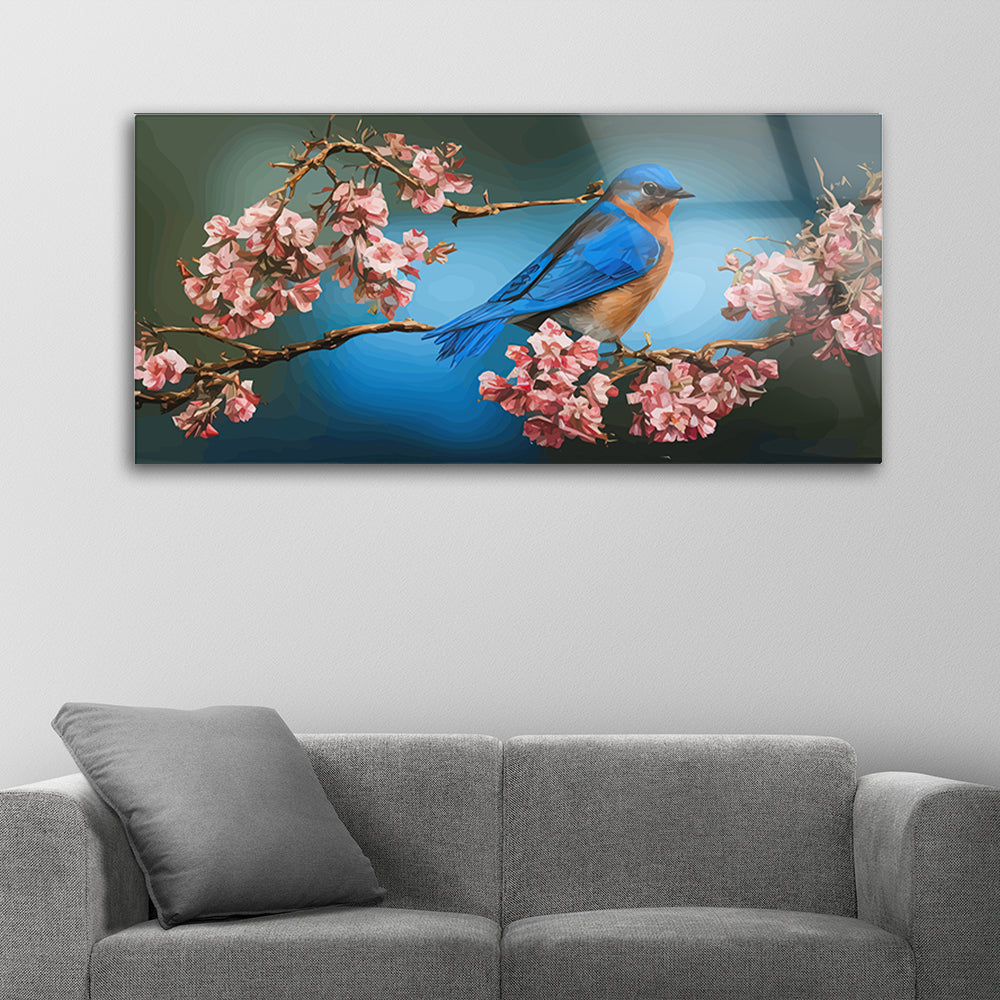 Bird on Branch with Flowers: Tempered Glass Art