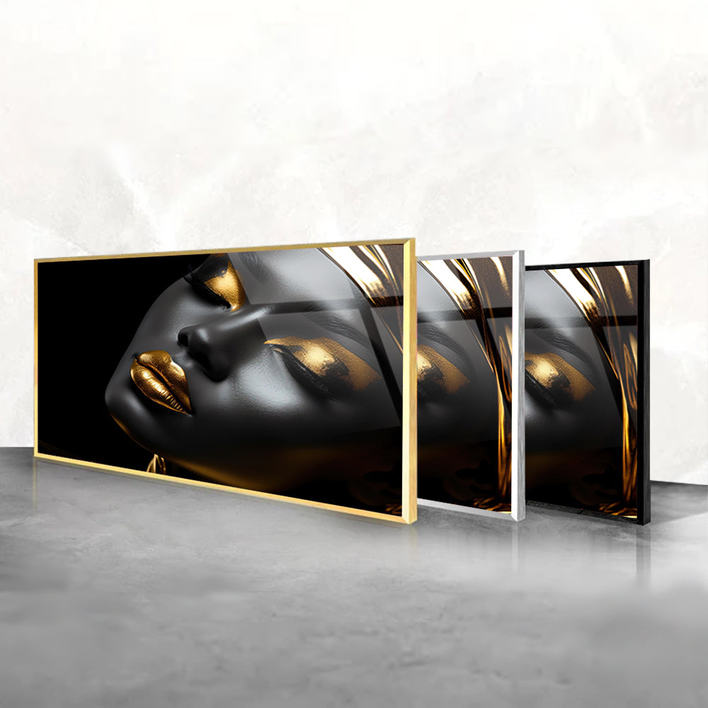 Golden Glamour: Tempered Glass Portrait Art