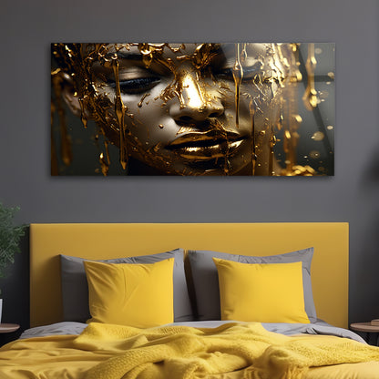 Gold Dripping Woman: Tempered Glass Portrait Art