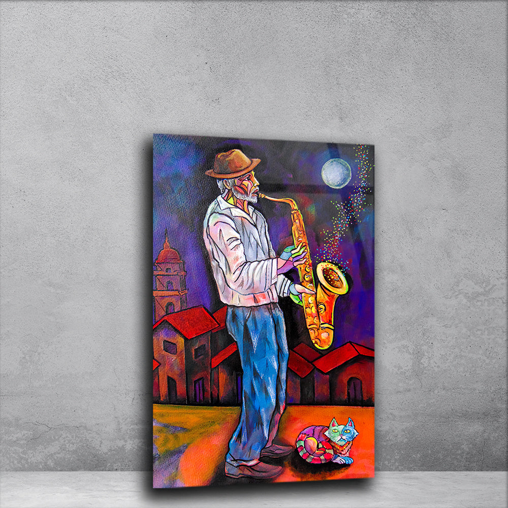 Saxophone Harmony: Man Playing Saxophone on Glass Wall