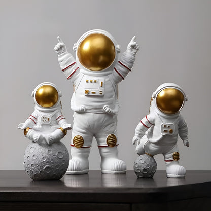 Golden Galaxy Guardians: Set of 3 Resin Astronaut Statues for Home and Office Decor